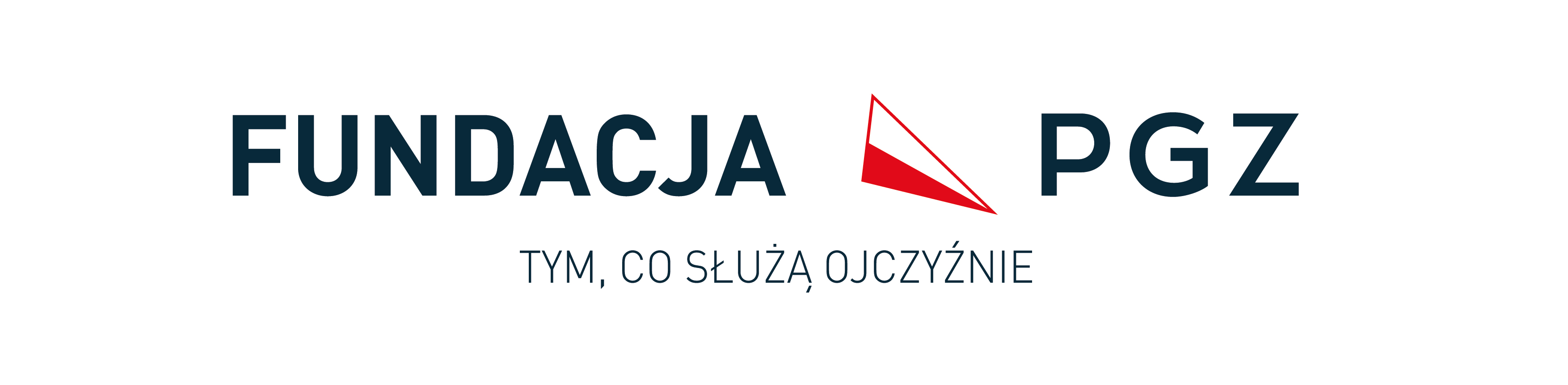 Na białym tle znajduje się napis ‘Fundacja PGZ’ oraz hasło ‘Tym, co służą Ojczyźnie’. Pomiędzy nazwami widoczny jest czerwony znak graficzny