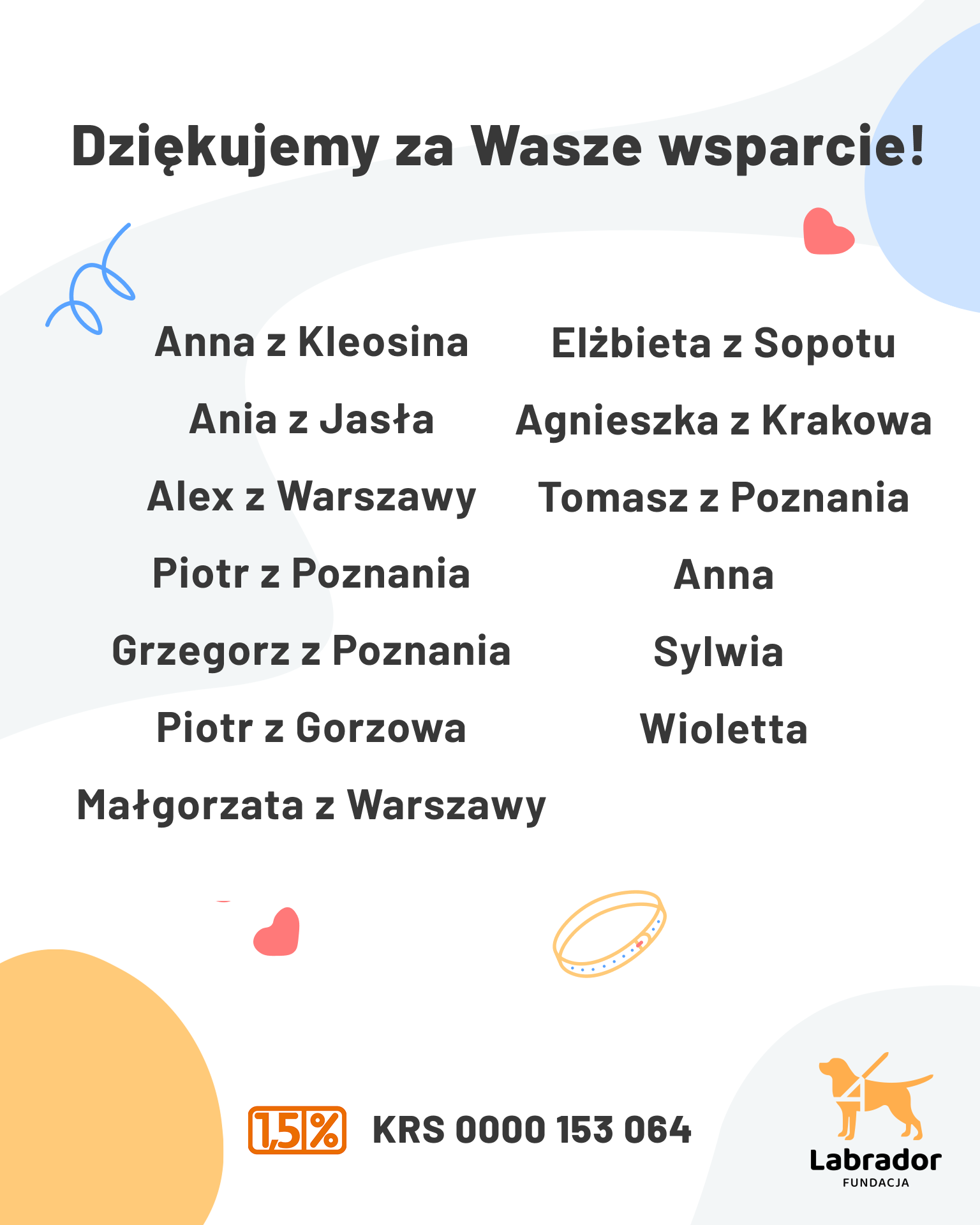 Grafika podziękowania Fundacji Labrador na jasnym tle z&nbsp;dekoracyjnymi elementami – różowymi sercami, niebieskim motywem i&nbsp;żółtą plamą. Nagłówek: „Dziękujemy za Wasze wsparcie!". Poniżej lista darczyńców: Anna z&nbsp;Kleosina, Ania z&nbsp;Jasła, Alex z&nbsp;Warszawy, Piotr z&nbsp;Poznania, Grzegorz z&nbsp;Poznania, Piotr z&nbsp;Gorzowa, Małgorzata z&nbsp;Warszawy, Elżbieta z&nbsp;Sopotu, Agnieszka z&nbsp;Krakowa, Tomasz z&nbsp;Poznania, Anna, Sylwia, Wioletta. Na dole logo 1,5% z&nbsp;numerem KRS 0000 153 064 oraz logo Fundacji Labrador.