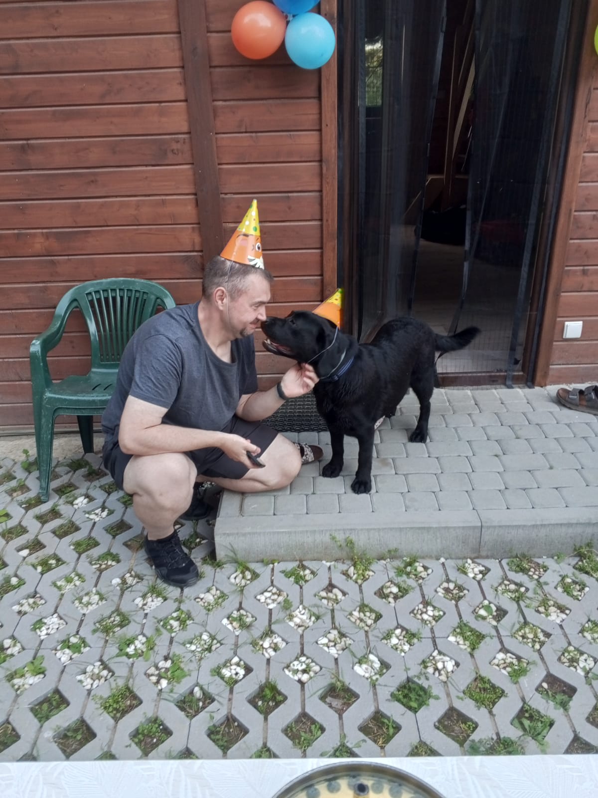 Mężczyzna i&nbsp;czarny labrador mają na głowach papierowe czapeczki urodzinowe przed drewnianym budynkiem udekorowanym balonami. Mężczyzna głaszcze psa, który patrzy na niego z&nbsp;bliska. Zdjęcie pokazuje więź między opiekunem a&nbsp;psem oraz wspólne świętowanie w&nbsp;przyjaznej, domowej atmosferze.